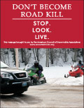 Vertical Poster of Snowmobilers and text ‘Don't Become Road Kill. Stop. Look. Live.'